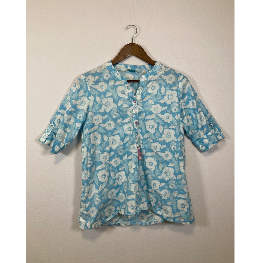 Fusion‎ Womens Blue Floral Print Tunic Top Size M Button Up Tassel Accent